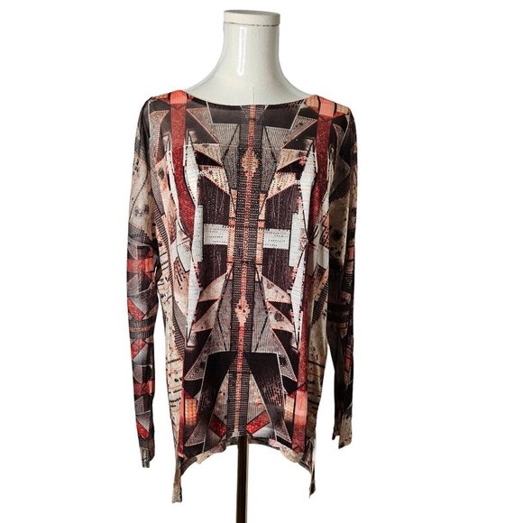 Chico's Size 2 Large Geometric Sequin Top Mesh Sleeve Aztec Southwestern Artsy - Picture 1 of 10